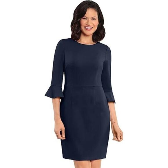Donna Morgan Kendall Dress 3/4 Bell Sleeve Sheath Knee Length Navy Blue NWT 18 - Picture 1 of 12